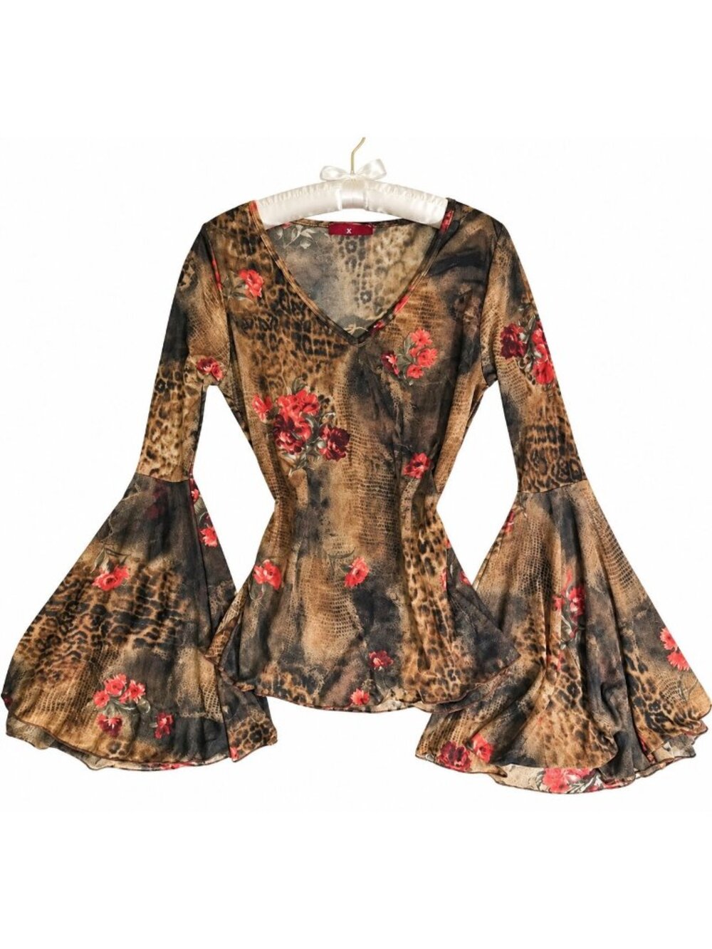 VTG Y2K Forever 21 Bell Sleeve Floral Animal Print Sheer Mesh Sz 90s Euro Rave